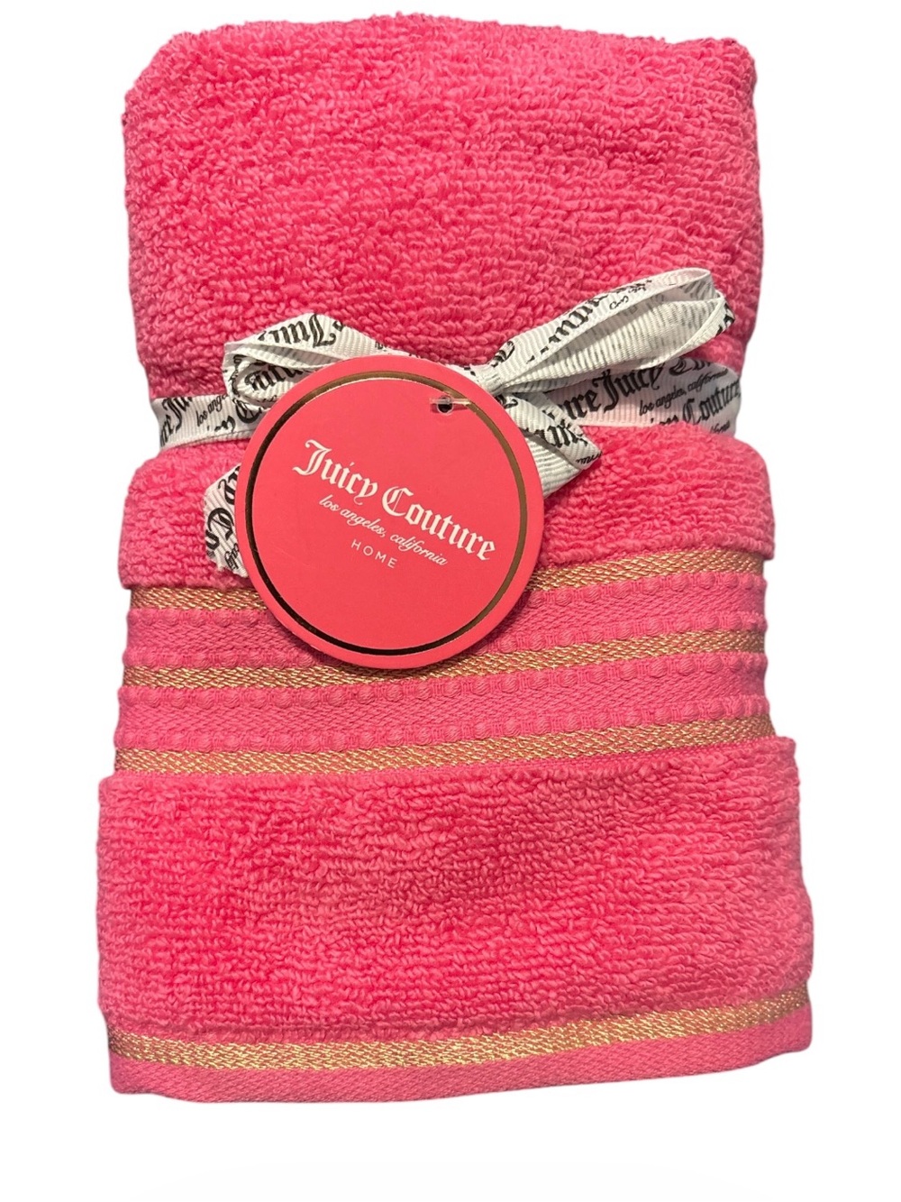 Juicy Couture Bright Pink Towels with Gold Stripe Accents